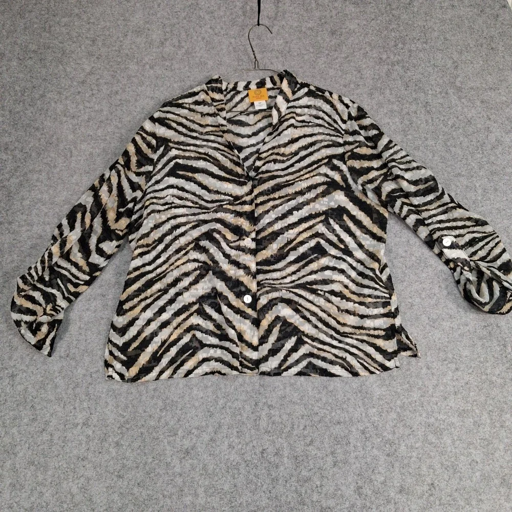Ruby Rd. Blouse Womens 16P Black Zebra Print Roll-Tab Sleeve Burnout Button Up